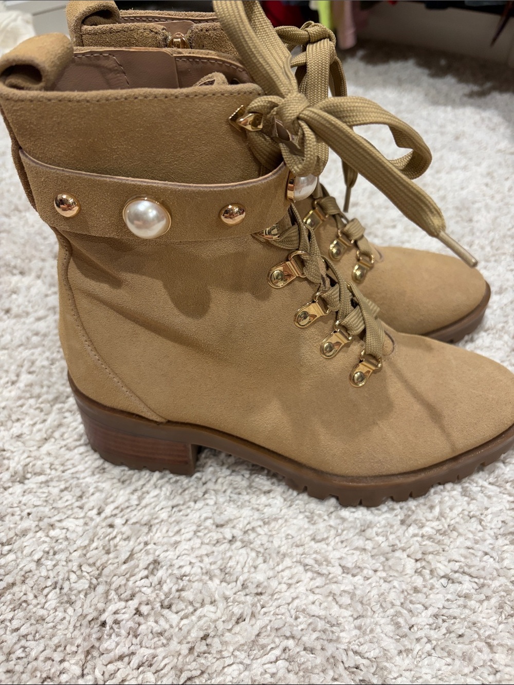 Karl Lagerfeld Tan Suede Lace-Up Ankle Boots with Pearl Detail